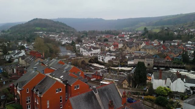 Aerial View of Llangollen Town, River Dee and Stone Bridge with Heritage Railway, Wales