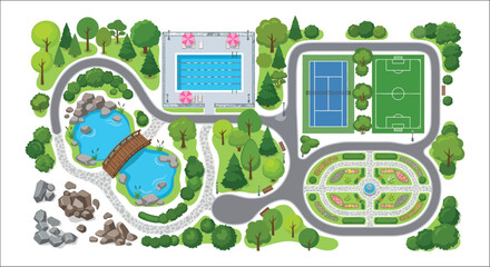 Aerial view of a park with swimming pool tennis court and soccer field vector illustration © Victoria hub