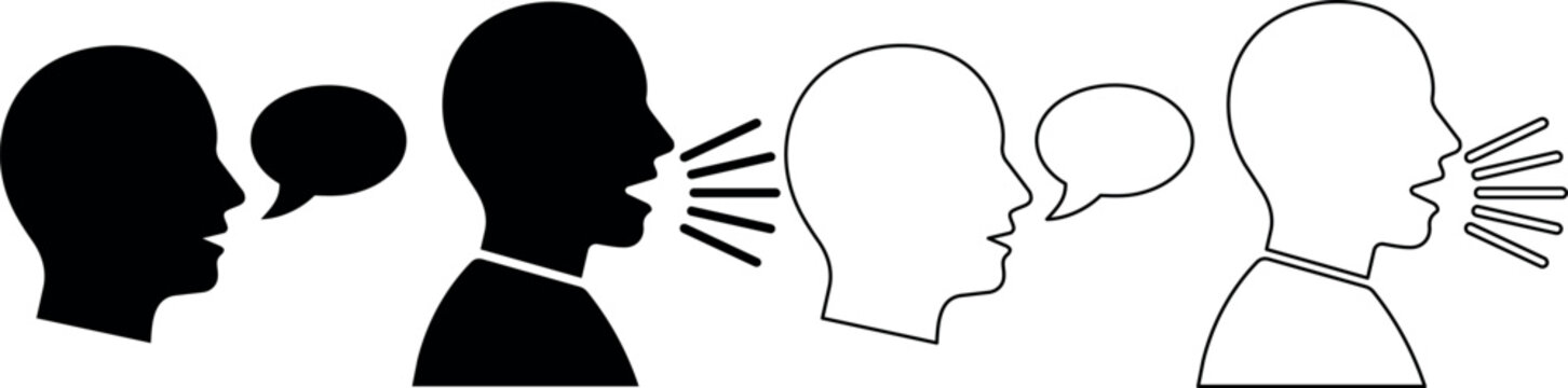 Silhouettes of people talking with speech bubbles in varying styles