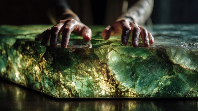 macro onyx detail showcasing backlit green stone with natural veining and hands resting on polished surface, revealing translucent crystal structure and golden mineral patterns for design application