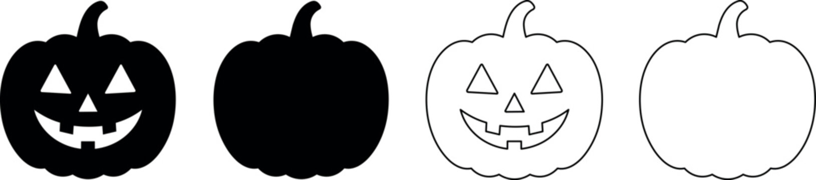 Set of four pumpkin graphics, two carved and two solid, in black and white