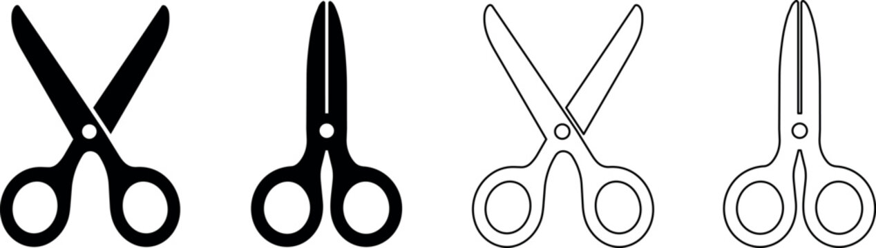 Collection of four different scissor icons in black and white outline styles