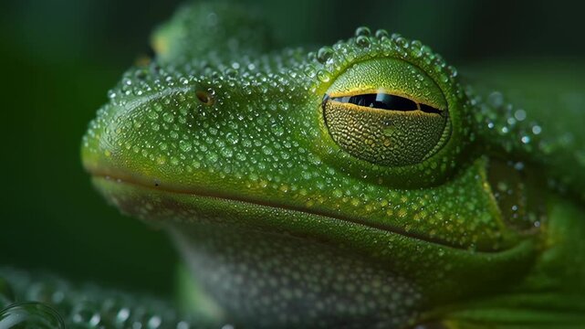 Green Tree Frog Opening Its Eyes After Rest on Dewy Leaf in Rainforest