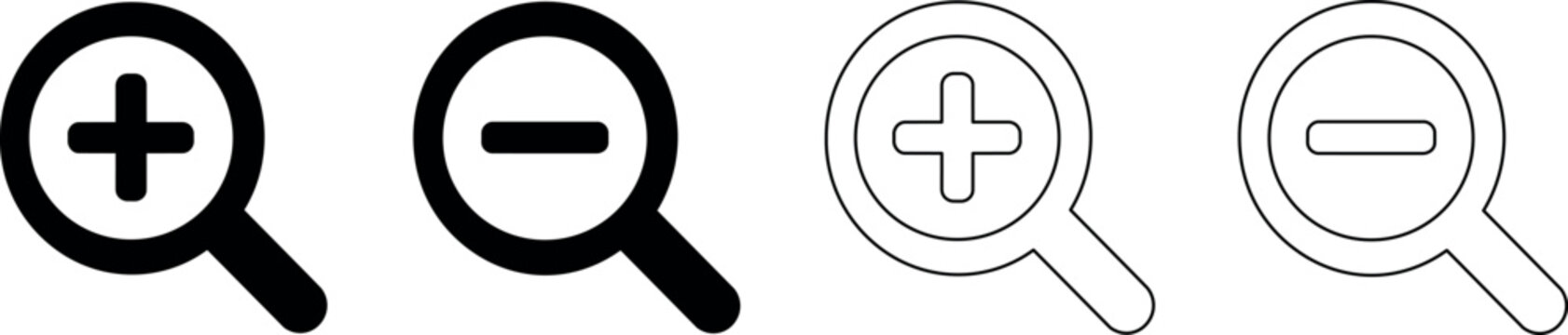 Set of zoom in and zoom out magnifying glass icons with plus and minus symbols