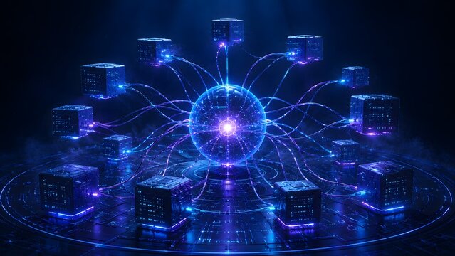 Glowing Blue Plasma Sphere Connected to Floating Cubes by Light Cables in Circle