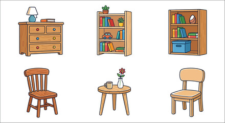 Wooden furniture collection with a dresser bookshelves chairs and a small table on a white background © Victoria hub