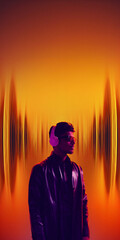 Fototapeta premium Young man with headphones and sunglasses between glowing orange sound waves. Concept of music streaming service, club audio promo, podcast platform and electronic music poster.