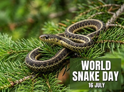 Closeup of a coiled garter snake on green pine branches celebrating world snake day