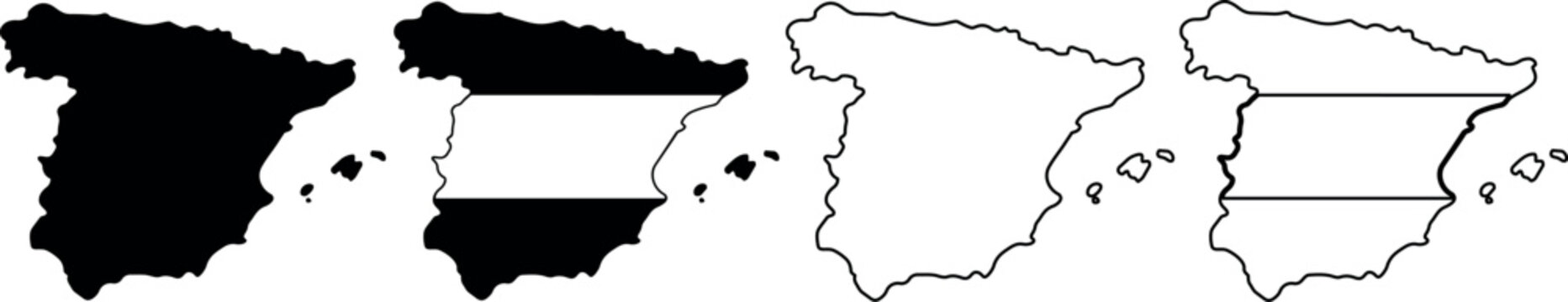 Outline and filled maps of Spain with flag elements and islands