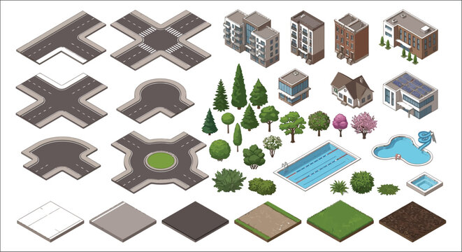 Isometric city elements including roads buildings trees and swimming pools on a white background aerial view
