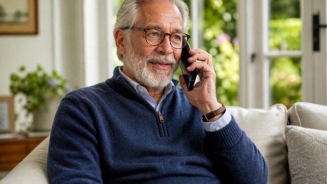 Old man using phone and laugh on couch with texting, notification and funny chat.

