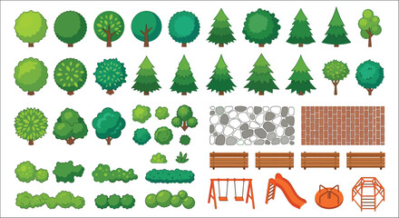 Assorted Trees Benches And Playground Elements A Colorful Vector Illustration On A White Background arboreal © Victoria hub