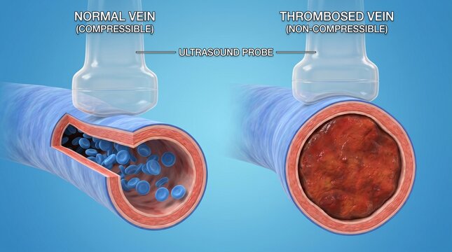 3D medical illustration comparing a compressible normal vein and a non-compressible thrombosed vein under ultrasound pressure.