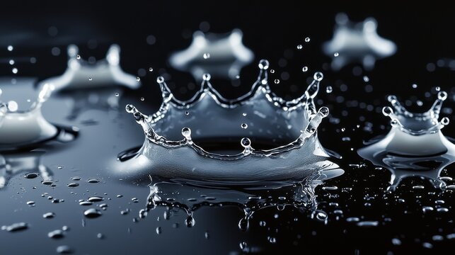 Milk droplet impact synchronized crown formations black glossy surface top-down view multiple droplets circular ripples high-speed photography