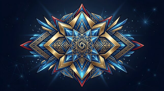 Intricate geometric mandala featuring sharp metallic golden edges and vibrant glowing blue crystalline shards arranged in a complex symmetrical star formation 