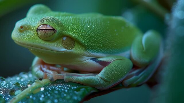 Green Tree Frog Opening Its Eyes While Resting on a Dewy Leaf in Nature