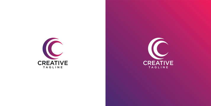Minimalist double crescent letter C logo design for professional corporate branding on white and purple gradient backgrounds