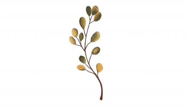 Watercolor floral botanical art with elegant brown stem, golden oval leaves. Perfect for wedding invitations, greeting cards, and stationery design projects.