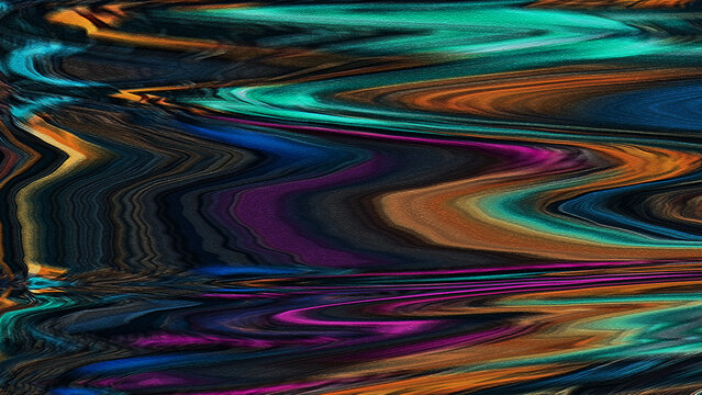 Abstract digital glitch art background with colorful wavy lines and dark texture.