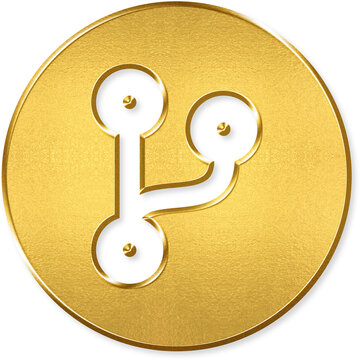 Code branch icon with gold metallic 3D coin badge for code branch git version control merge repository fork development commit on transparent background