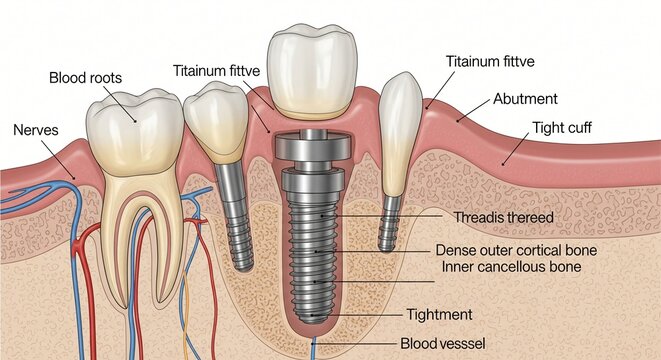 Detailed Medical Diagram of Dental Implants and Natural Teeth with Neurovascular Structures