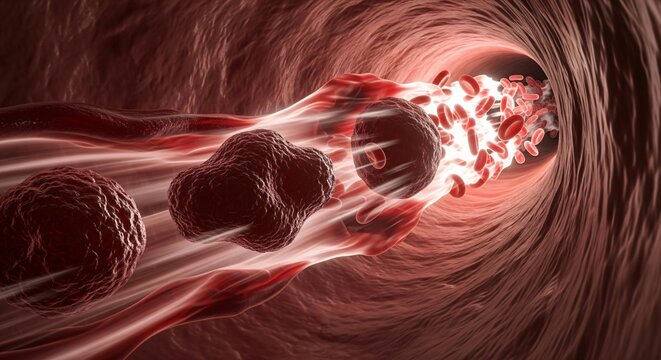 High-speed 3D visualization of a fragmenting blood clot embolus speeding through a dark red deep vein with dynamic motion blur.