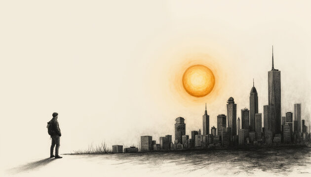 Pencil sketch illustration of a man with backpack looking at city skyline skyscrapers under a big bright sun, concept of future goals and urban life