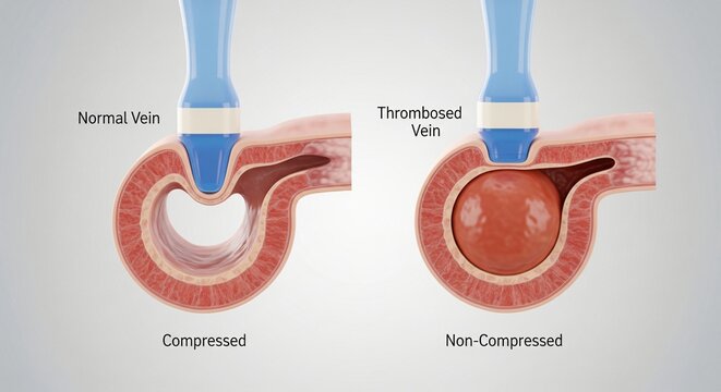 Side-by-side 3D illustration of an ultrasound transducer compressing a normal vein anatomy next to a non-compressible vein with a spherical clot.