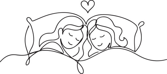 Obraz premium One single continuous solid drawing doodle sketch hand-drawn line art Beautiful couple in sleeping pose on pillows. one line Icon drawing