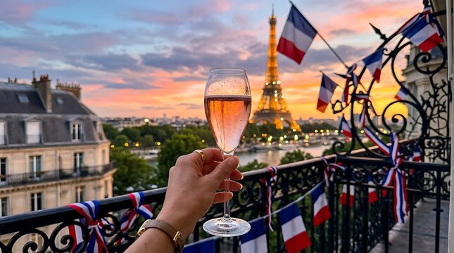 Holding rose wine glass on Parisian balcony