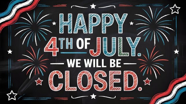 Happy 4th of july chalkboard sign with fireworks, red white and blue patriotic holiday announcement, independence day closure notice, festive graphic design for social media or business signage
