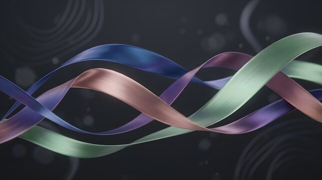 Abstract flowing ribbons featuring smooth metallic textures in vibrant shades of blue purple and soft green elegantly intertwined to form a dynamic 3d composition against a dark minimalist backdrop 