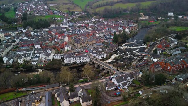 Aerial View of Llangollen Town, River Dee and Stone Bridge with Heritage Railway, Wales