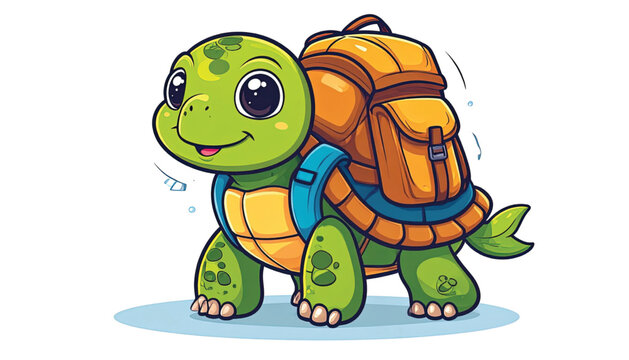 Turtle with orange backpack smiling.