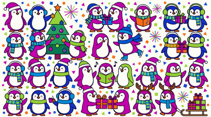 Fototapeta premium Cute Cartoon Penguins Celebrating Christmas with Gifts and a Decorated Tree, Festive Winter Characters in Flat Vector Style with Confetti Background