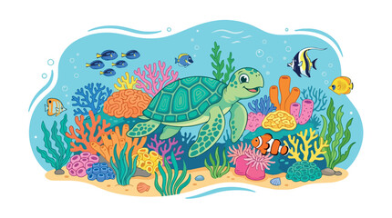 Fototapeta premium Playful dolphin glides through a colorful coral reef teeming with tropical fish and bright sea plants