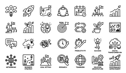 Fototapeta premium Creative Business Solutions and Innovation Management Line Icon Set Editable Stroke Vector