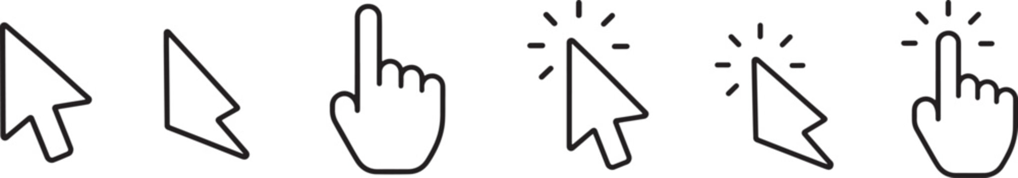 Computer mouse cursor and pointer outline icon set.