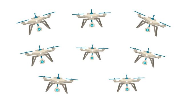 Eight flying drones with multiple camera angles ideal for showcasing aerial surveillance technology, equipment, and futuristic tech concepts in multimedia projects.