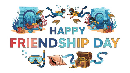 Fototapeta premium Happy Friendship Day Underwater Adventure: Divers explore underwater ruins and marine life, celebrating friendship with a treasure chest and aquatic symbols.