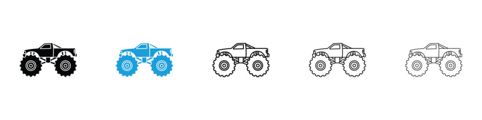 Monster truck icons vector illustrations in black and blue colors for web and ui designs © naba