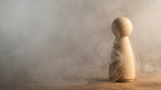 Wooden peg figure emerging from atmospheric fog mist representing navigating business uncertainty, finding clarity, leadership through ambiguity, strategic vision and emerging direction.