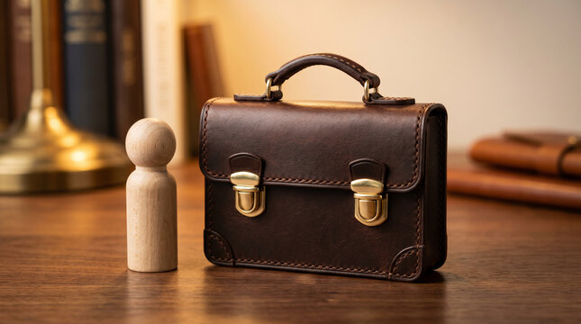 Wooden peg figure standing beside a premium leather briefcase representing professional identity, executive career, business readiness, corporate competence and professional achievement.