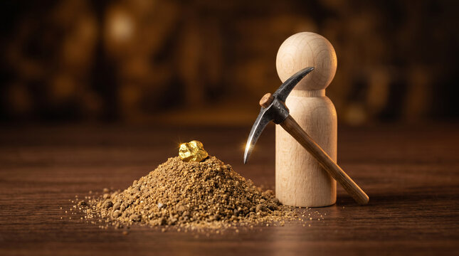 Wooden peg figure with a miniature pickaxe representing digging for value, discovering hidden opportunity, business mining for insights, deep research and unearthing potential.