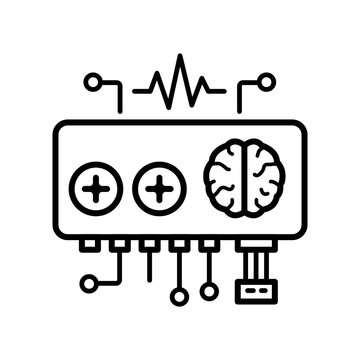 Electronic sound processor and synthesizer box line icon with brain and waveform symbols.