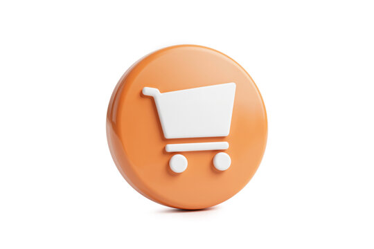 Glossy Orange Button Featuring White Shopping Cart Symbol in Three-Quarter View
