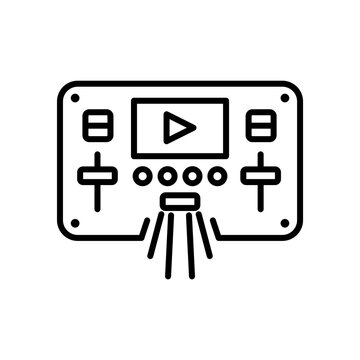 Multimedia control panel line icon with play button and audio faders for broadcasting.