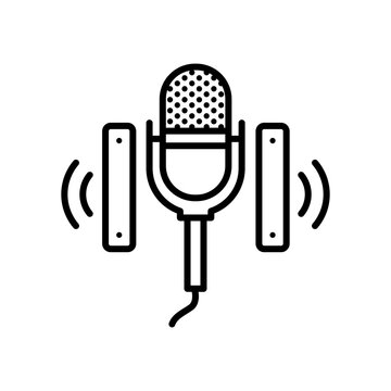 Compact desktop microphone with adjustable side stands line icon for voice recording.