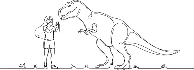 Obraz premium Continuous one line drawing beautiful girl female tourists selfie dinosaur T-Rex phone device. one line Icon drawing