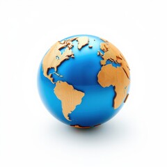 Fototapeta premium Blue globe with wooden continents. Bright studio lighting, clean white background. Represents Earth, geography, world exploration. Simple design.